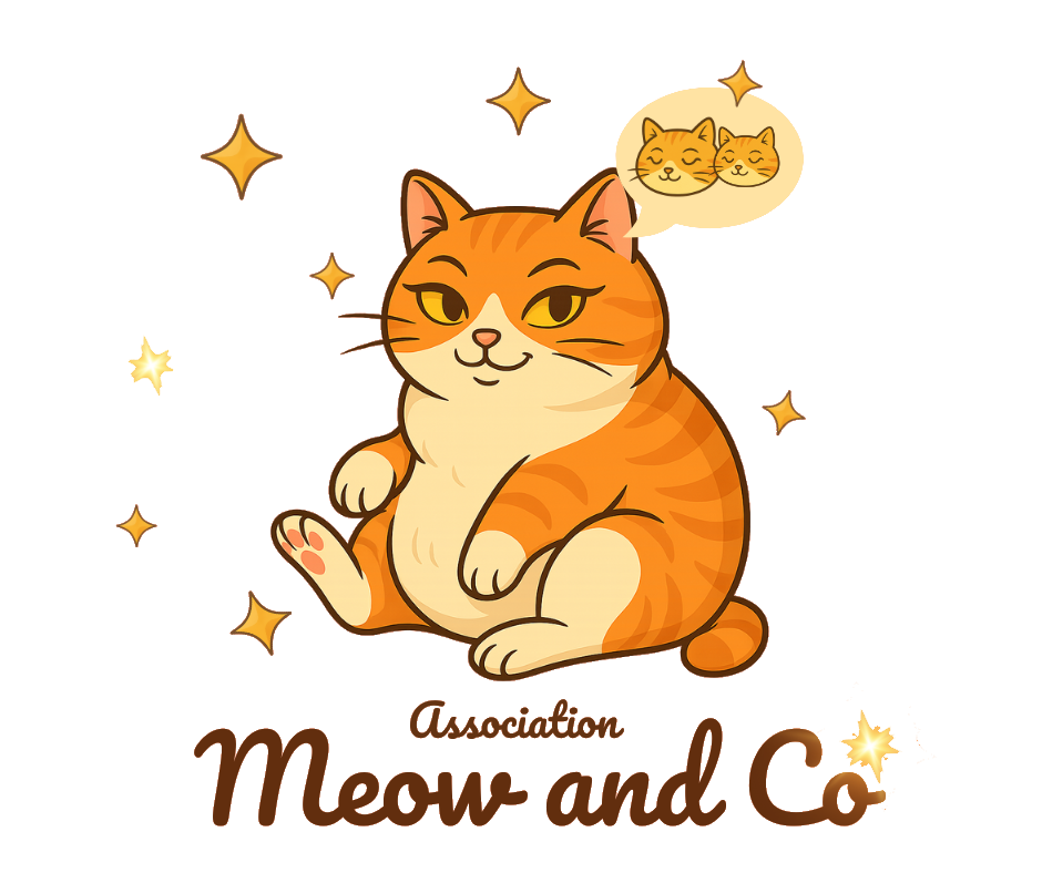 logo de l'association meow and co representant un chat roux assis avec des étoiles qui brillent autour de lui.
